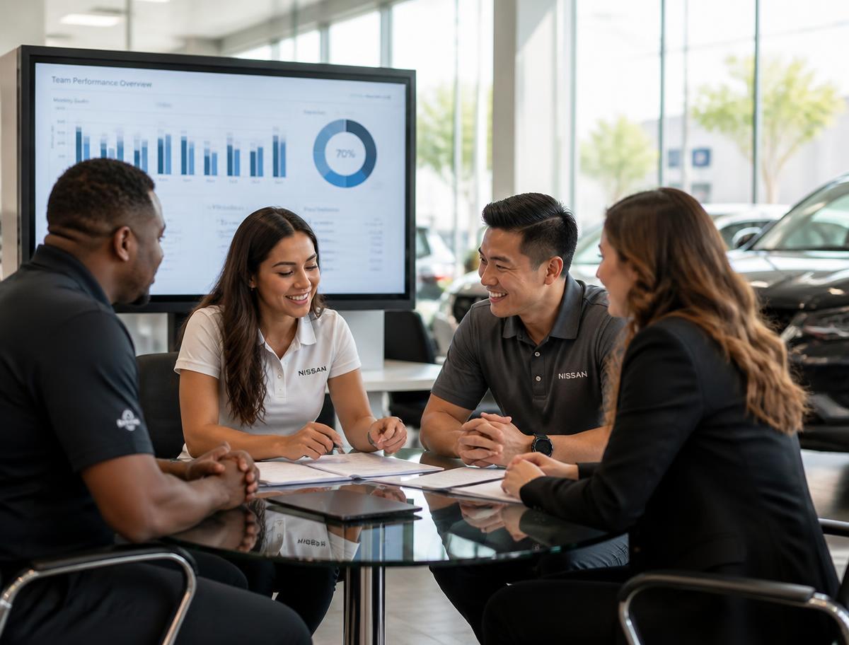 Equipo de consultores de ventas automotrices en reunión de trabajo