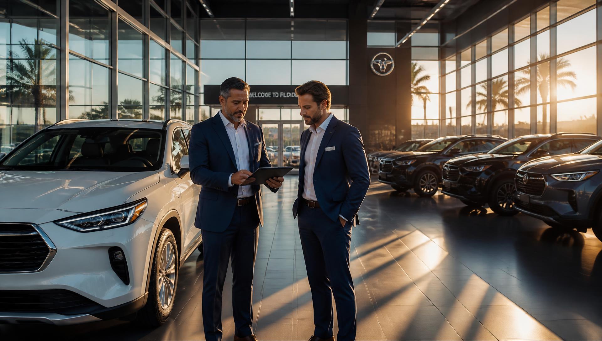 Consultores automotrices analizando resultados en un dealership de Florida